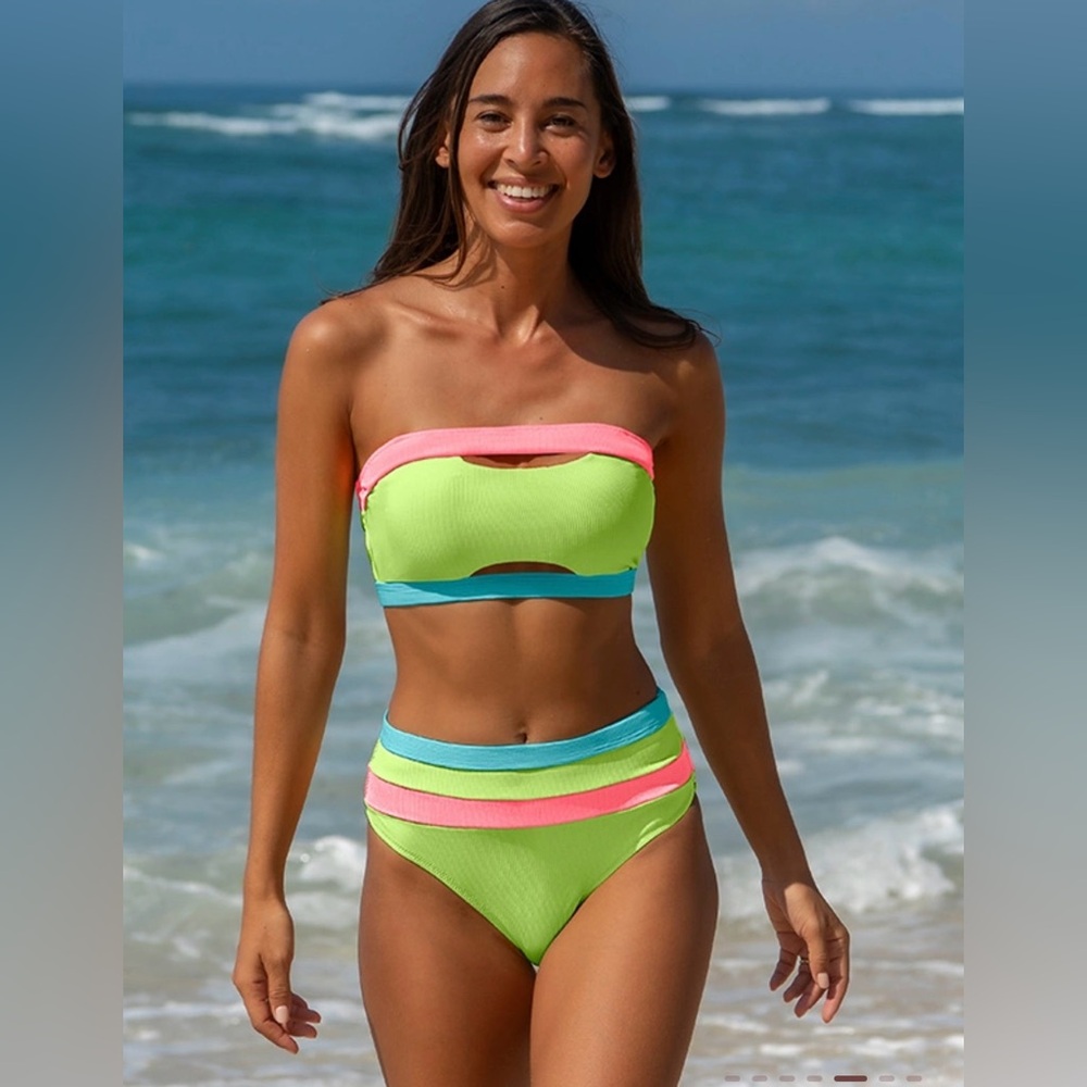 L - Popvil Bandeau Cutout Back Lace -Up Bikini Set - Large